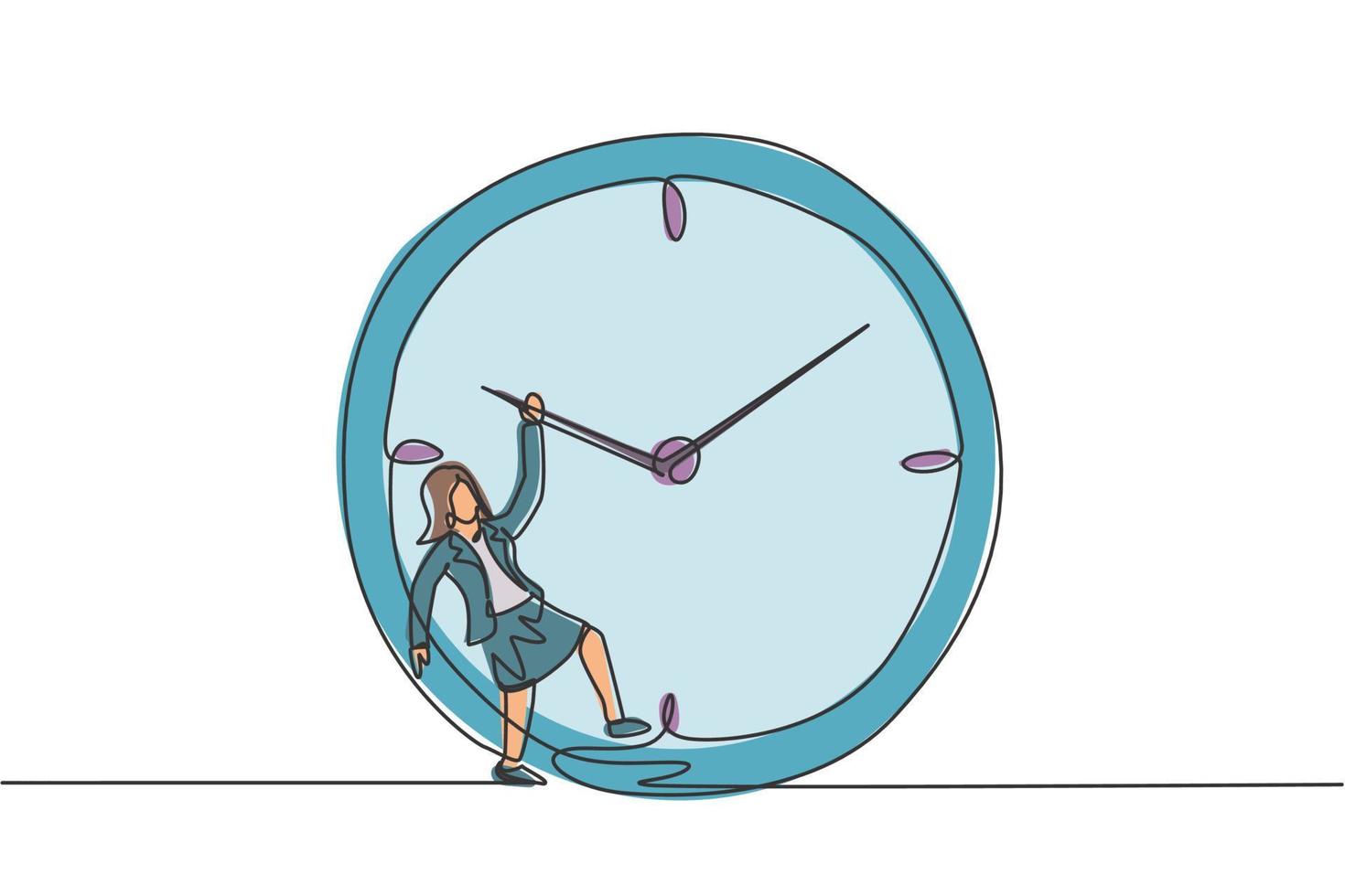 Continuous one line drawing young woman worker hanging on clockwise of giant analog clock. Business time discipline metaphor concept. Single line draw design vector graphic illustration.