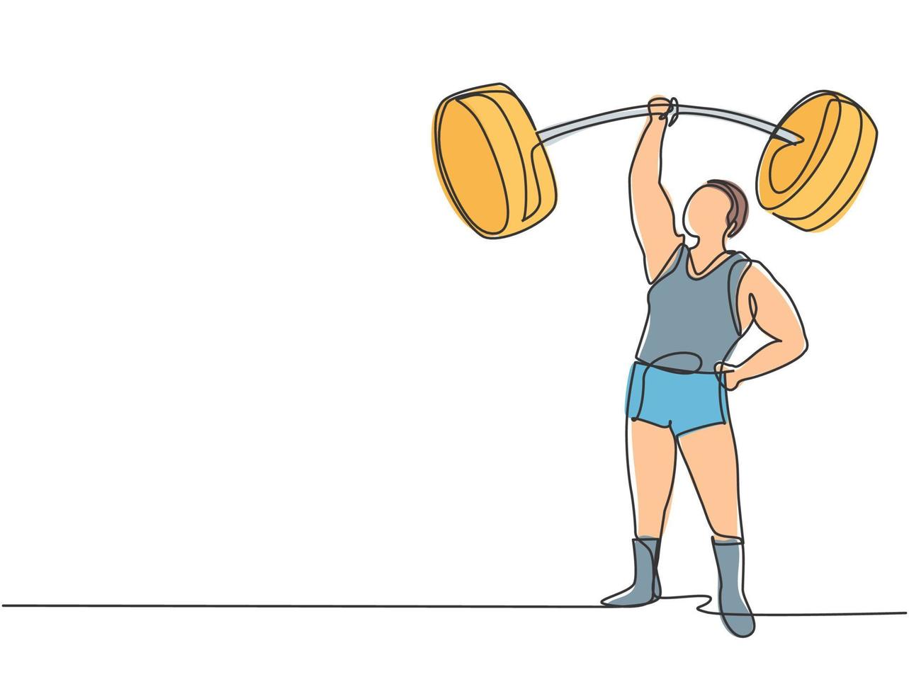 Single continuous line drawing the strongman lifted the curved barbell with only one hand. His muscles were clearly visible to the audience. Dynamic one line draw graphic design vector illustration.