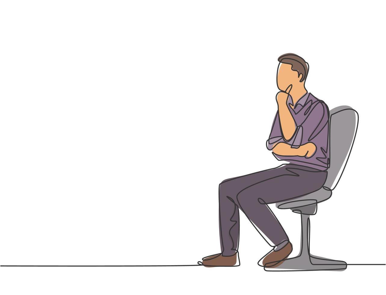 Single continuous line drawing of young male startup founder sitting on office chair and focus thinking company growth strategy. Business thinking concept one line draw design vector illustration