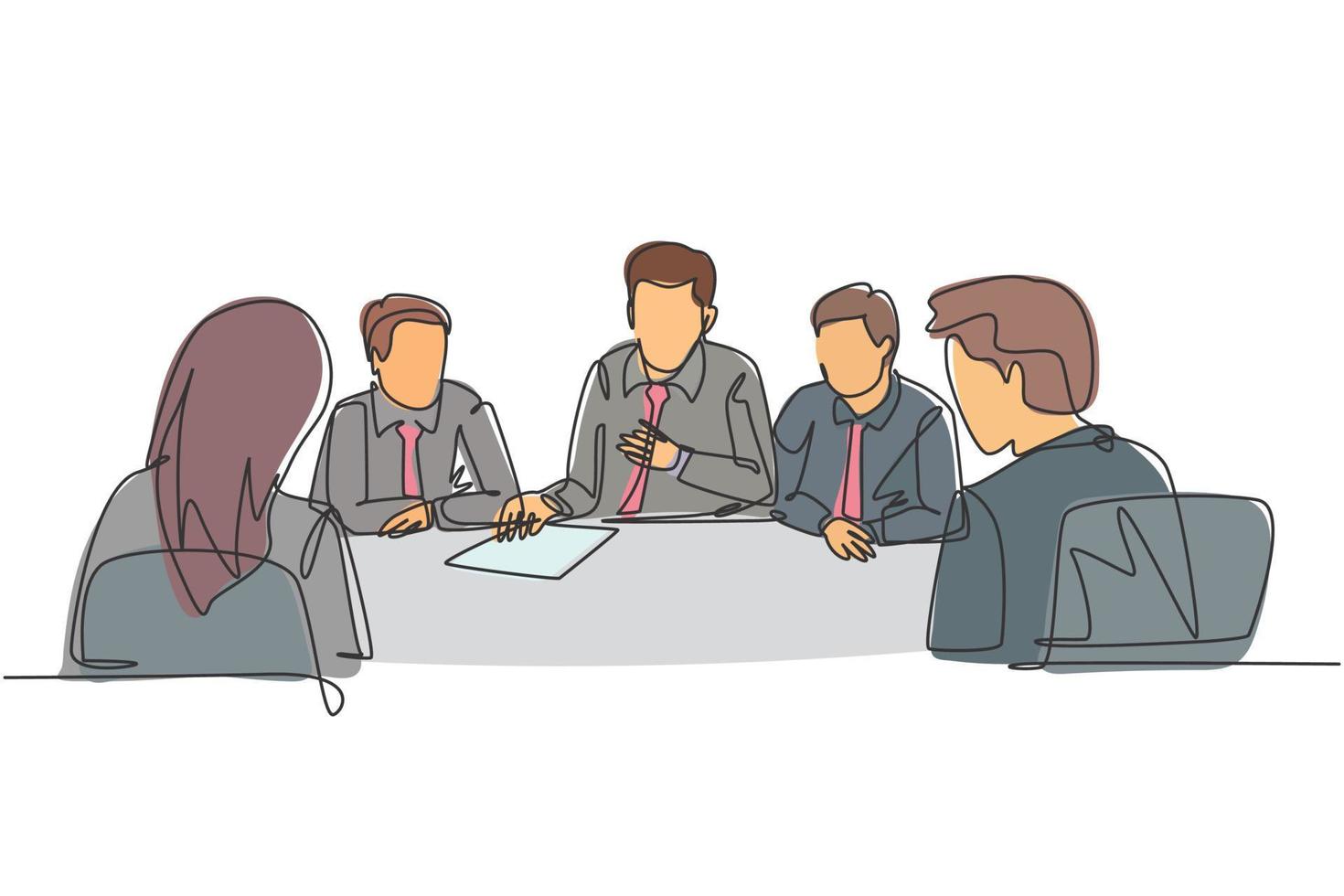 One continuous line drawing of senior manager giving instruction to raise product sales to the marketing team members in the meeting. Business briefing concept single line draw design illustration vector