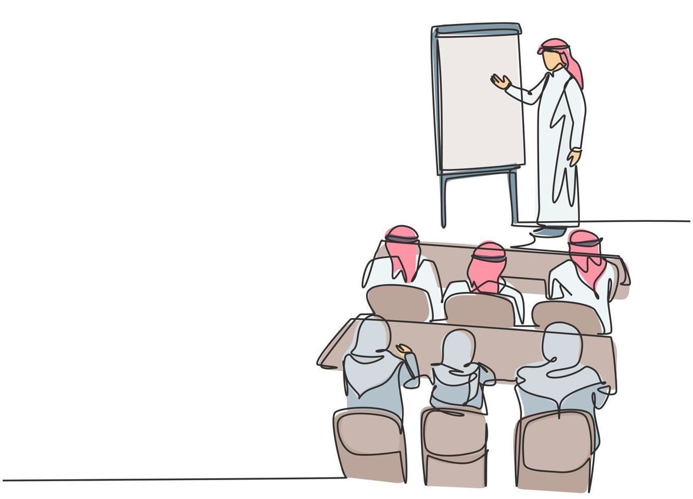 Single continuous line drawing of young muslim businessman do strategy presentation while company team meeting. Arab middle east cloth shmagh, thawb, robe. One line draw design vector illustration