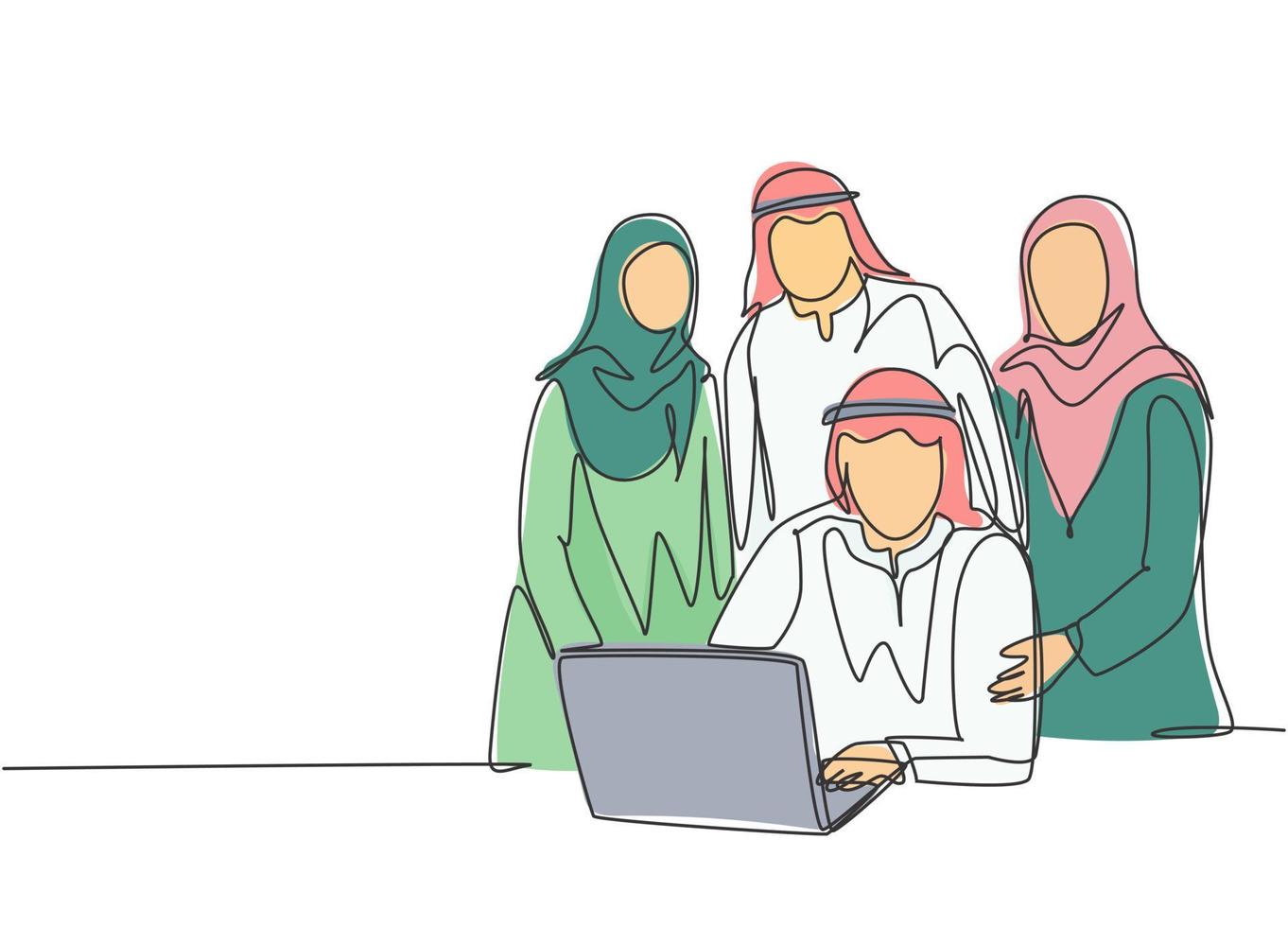 One single line drawing of young happy muslim startup team members pose together solidly. Saudi Arabia cloth shmag, kandora, headscarf, thobe, ghutra. Continuous line draw design vector illustration