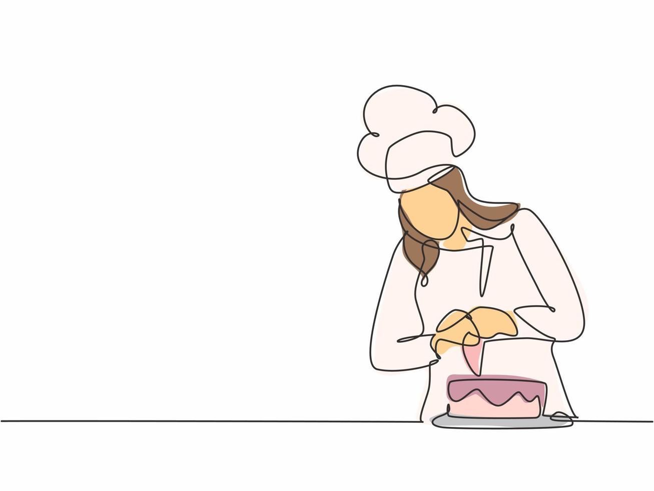 Single continuous line drawing young female chef decorating birthday pastry cake with whipping cream on restaurant kitchen. Bakery food concept one line drawing design vector minimalism illustration