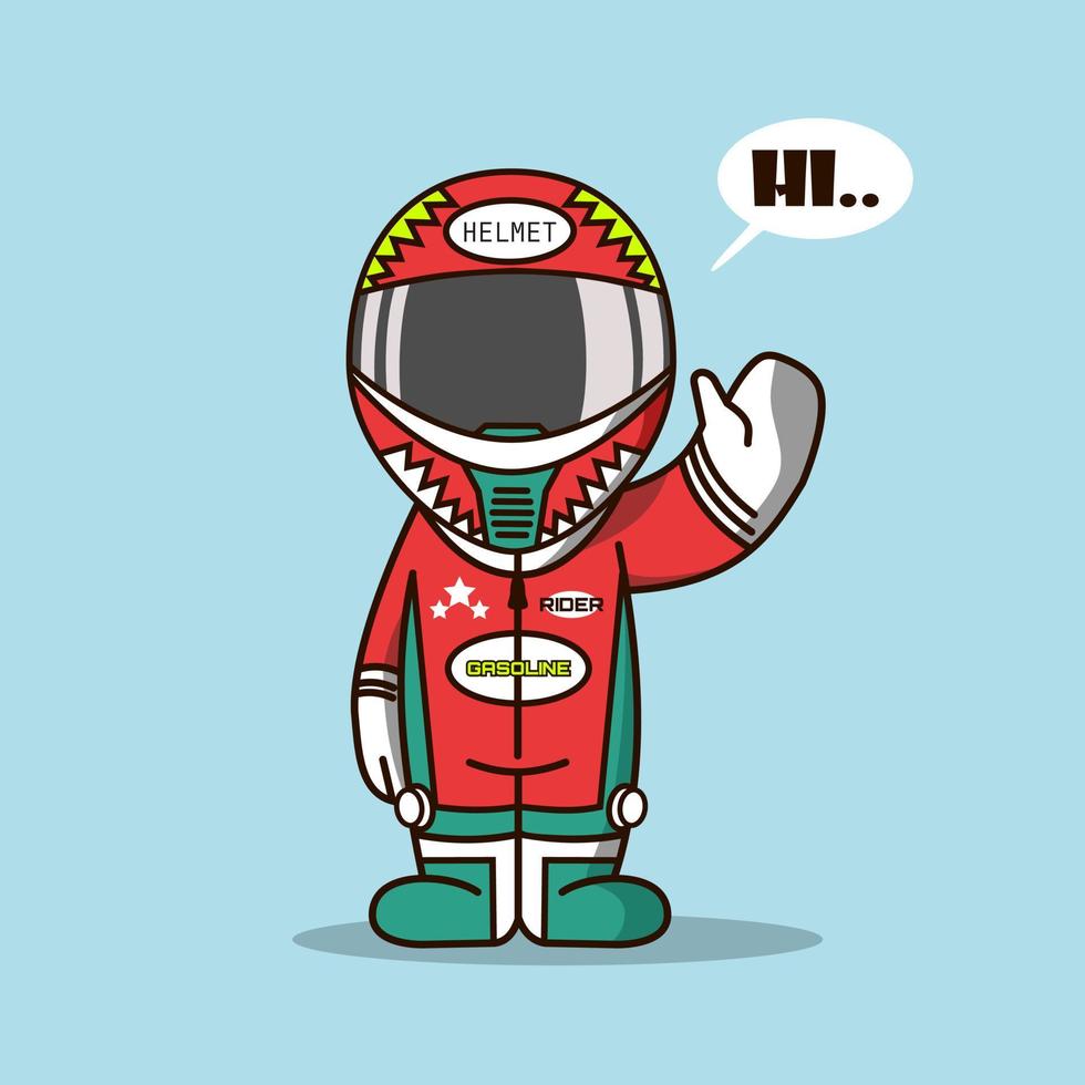 Cute racer with helmet sayings hi vector illustration.