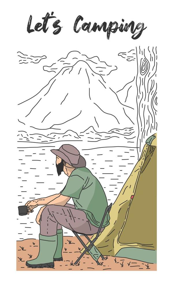 campers were drinking a cup of tea while enjoying the natural scenery vector