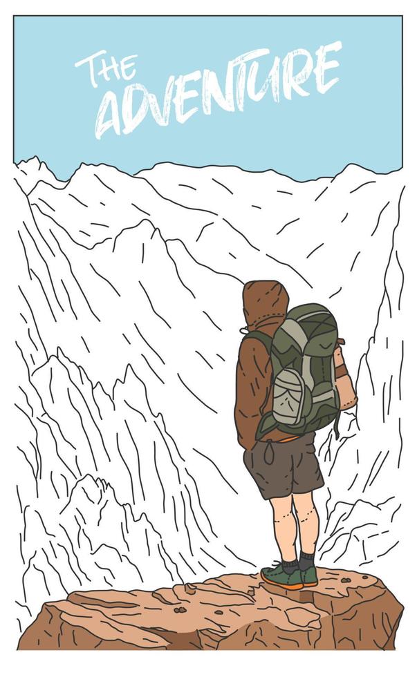 Man with backpack looking up to top of the mountain vector illustration