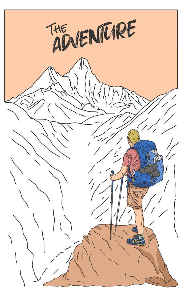 Man with backpack looking up to top of the mountain vector illustration