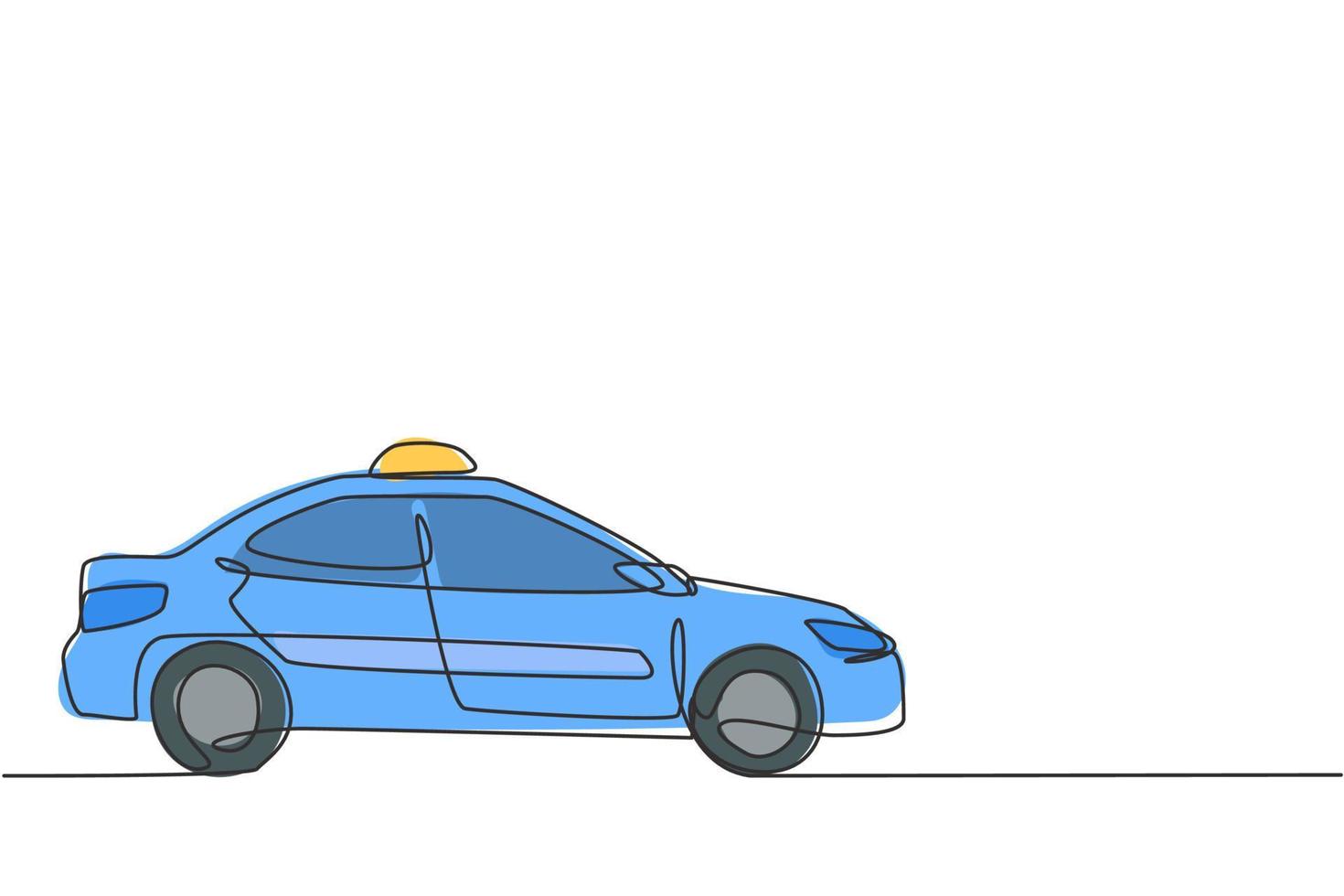 El dibujo de una sola línea del automóvil de taxi moderno más nuevo utiliza un medidor, gps y se puede pedir en línea. avances tecnológicos en el transporte. Ilustración de vector gráfico de diseño de dibujo de línea continua.