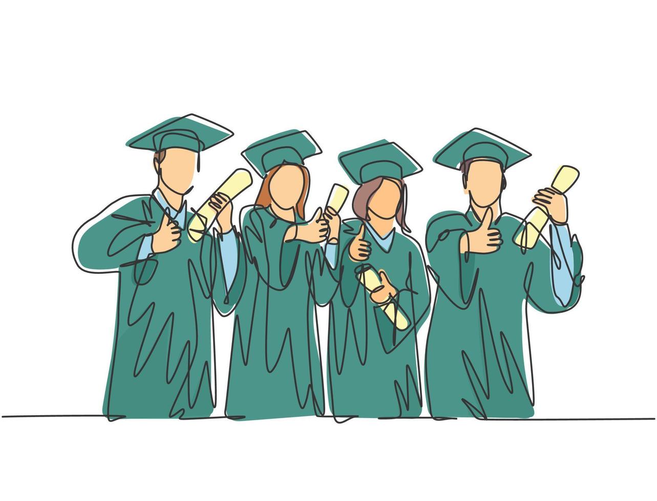 un grupo de dibujo de líneas de estudiantes universitarios masculinos y femeninos graduados con uniforme de gala y con papel de certificado de diploma. concepto de educación línea continua dibujar diseño gráfico ilustración vectorial vector