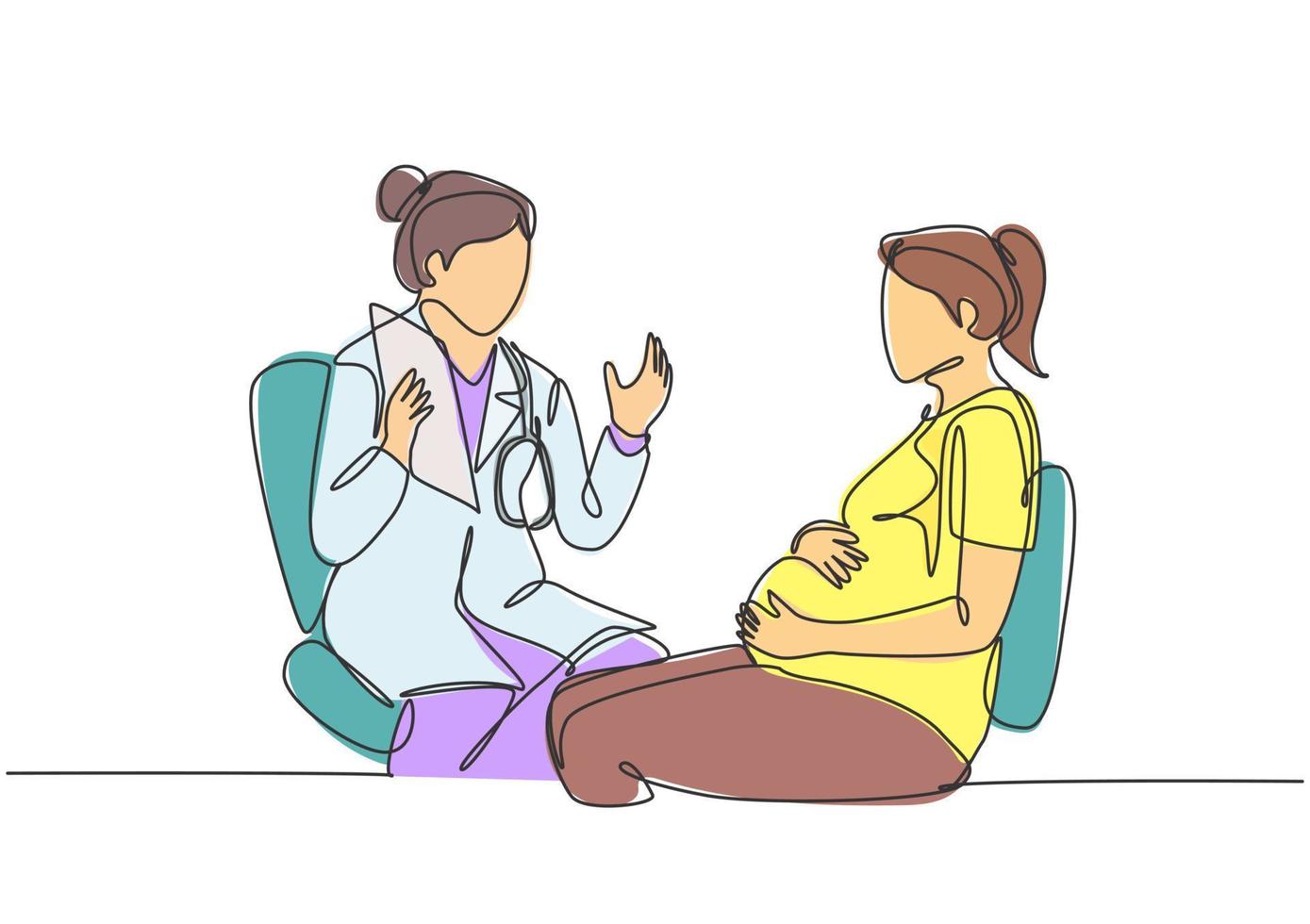 One single line drawing of female obstetrics and gynecology doctor giving consultation session to the pregnant patient. Pregnancy health care concept continuous line draw design vector illustration