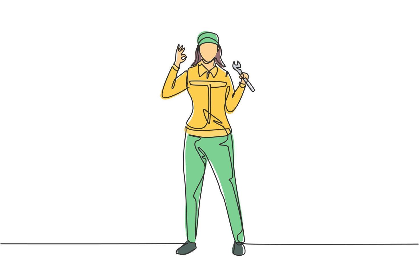Single continuous line drawing female mechanic stands up with gesture okay and holding wrench to perform maintenance on vehicle engine. Success work. One line draw graphic design vector illustration