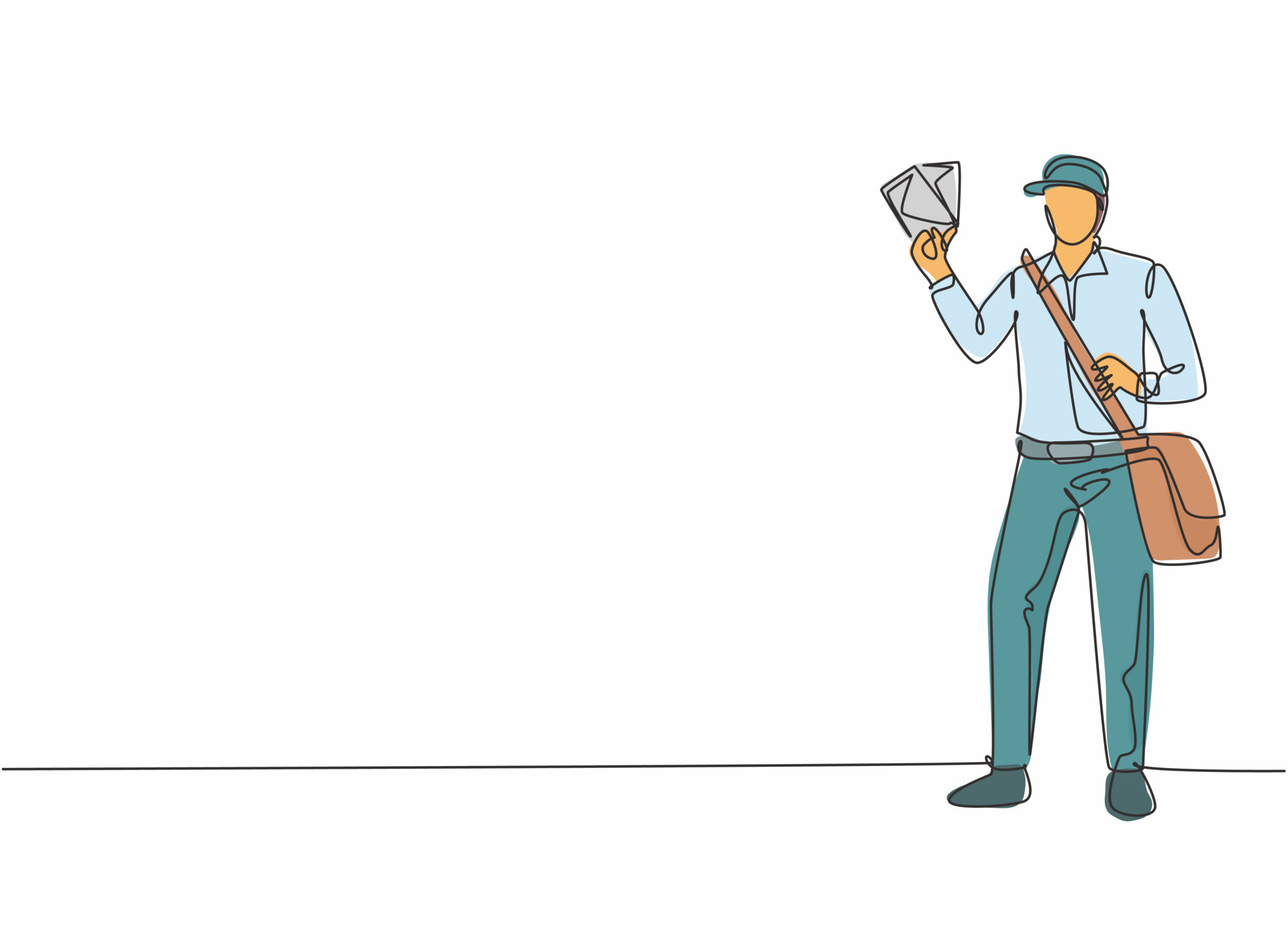 Continuous one line drawing of young mailman pose standing and holding