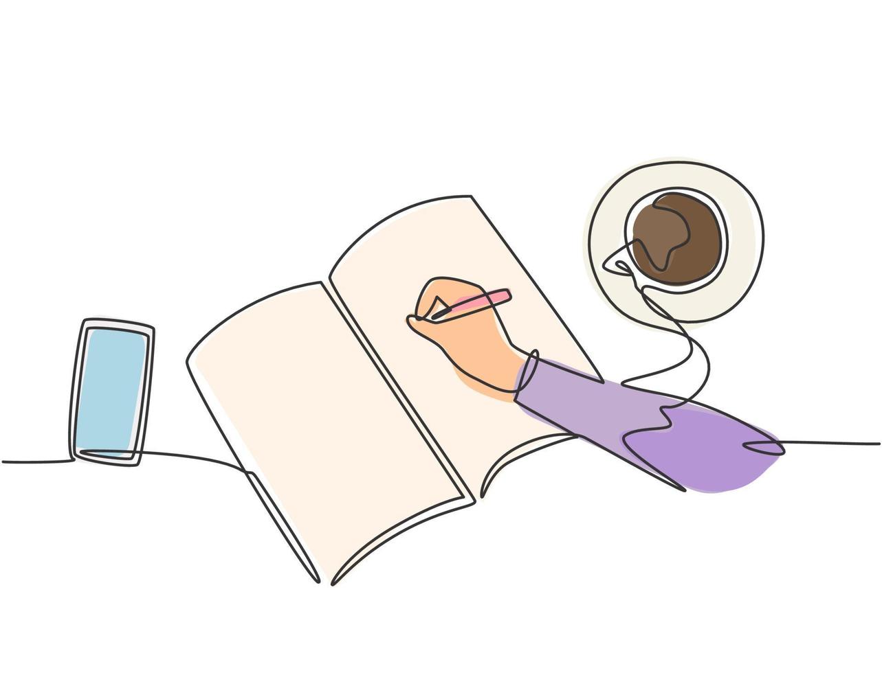 Single continuous line drawing of hand gesture writing on an open book beside a cup of coffee and smartphone. Writing draft business concept. Modern one line draw design graphic vector illustration