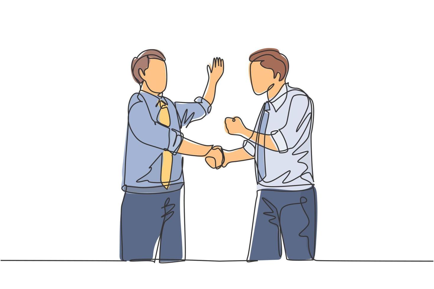 One single line drawing of two young happy businessmen colleagues shaking their hands to deal teamwork. Business agreement celebration concept continuous line graphic draw design vector illustration