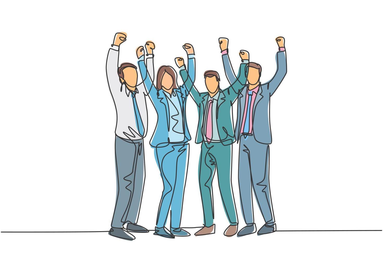 One single line drawing of young happy male and female worker raise their hands on the office room together. Business teamwork celebration concept continuous line draw design vector illustration
