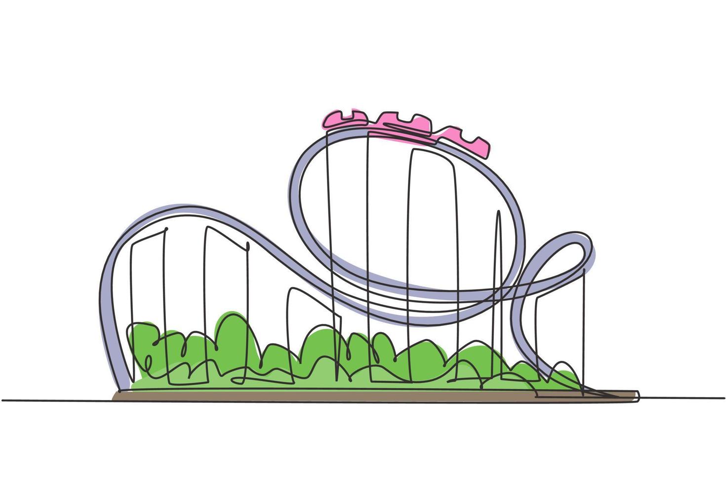 dibujo de una sola línea de una montaña rusa en un parque de atracciones con una pista en lo alto del cielo. paseos extremos que son muy populares entre los jóvenes. gráfico de diseño de dibujo de una línea, ilustración vectorial vector