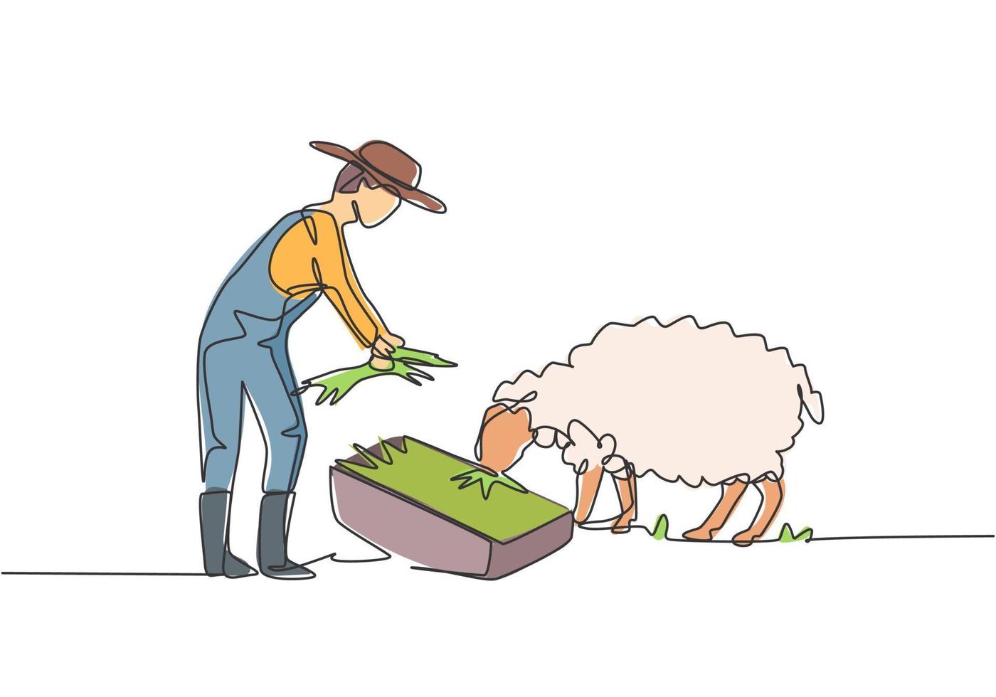 Single continuous line drawing young male farmer is feeding the sheep so that the sheep will be healthy and produce the best meat. Minimalism concept. One line draw graphic design vector illustration.