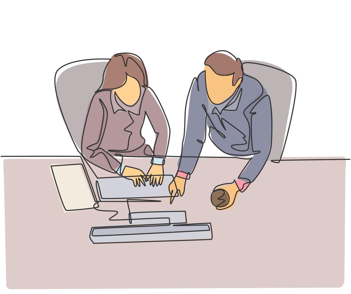 One continuous line drawing of young businessman and businesswoman talking new product launch while watching presentation on screen. Business talk concept single line draw design vector illustration