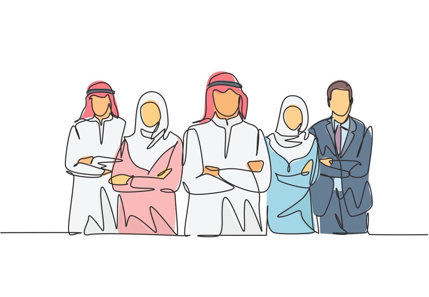 un grupo de dibujo de línea continua de jóvenes musulmanes y empresarios multiétnicos se alinean juntos. bufanda de ropa islámica, keffiyeh, traje hijab. Ilustración de vector de diseño de dibujo de una sola línea