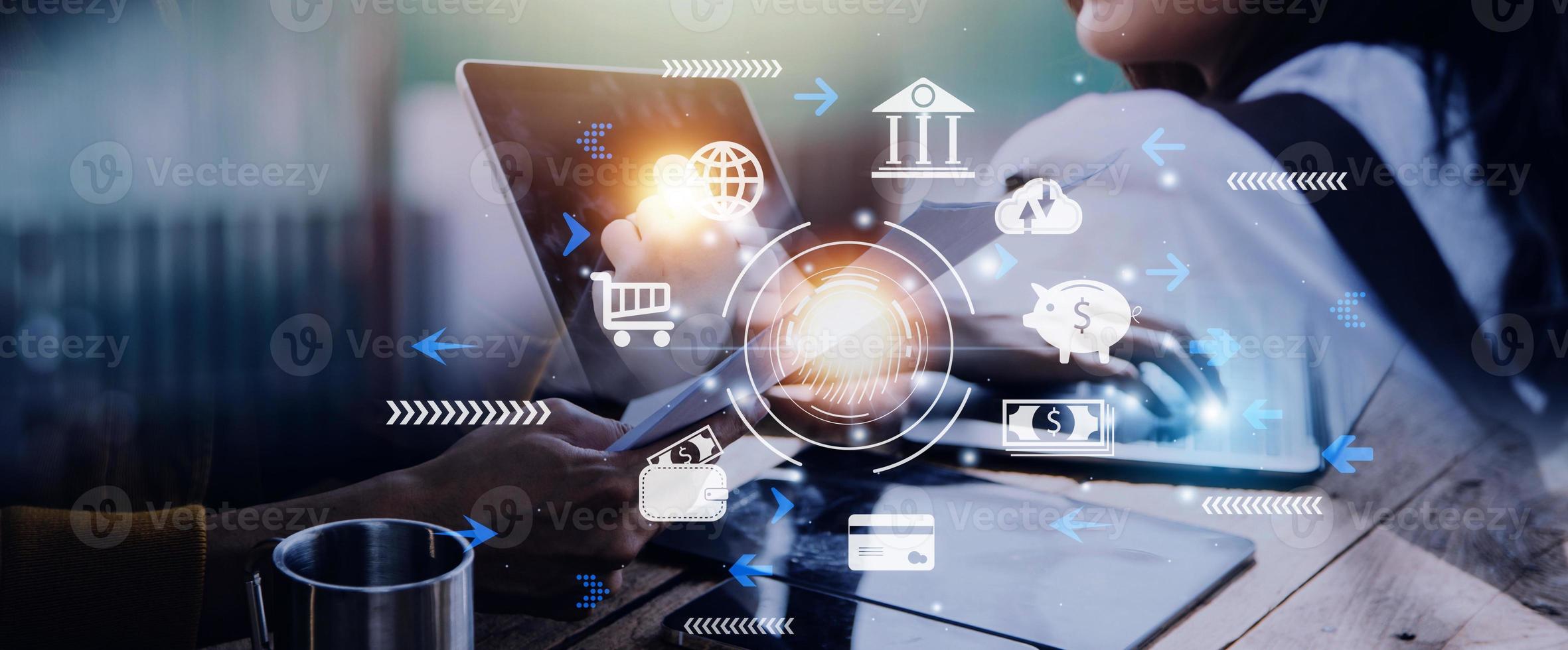 futuristic digital processing of biometric identification fingerprint scanner for access personal financial data. surveillance and security scanning of digital programs cyber futuristic applications photo