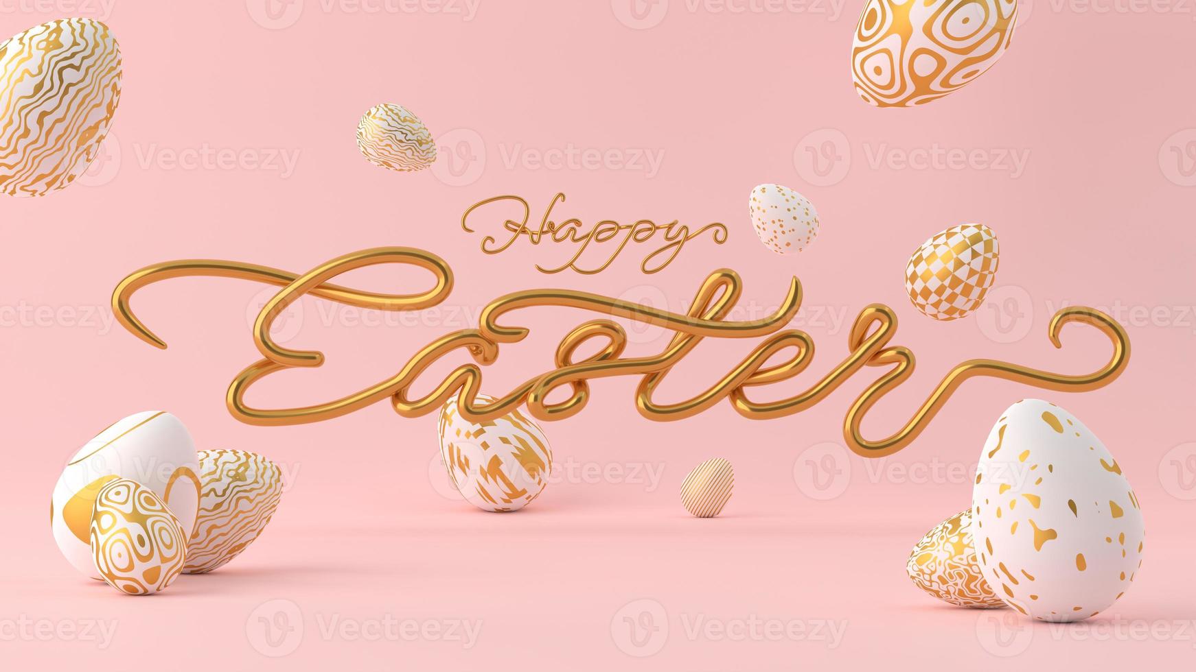 Easter egg and gold text on pink background. Happy easter concept. 3D render photo