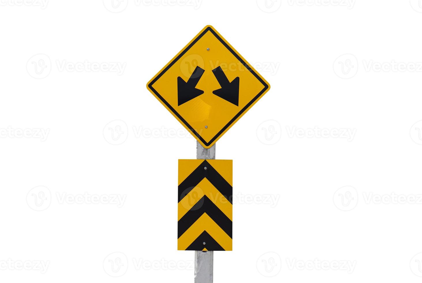 Yellow traffic sign with symbol of two arrows for the two way run to warn drivers be careful. Concept , Warning traffic sign for transportation isolated on white background. photo