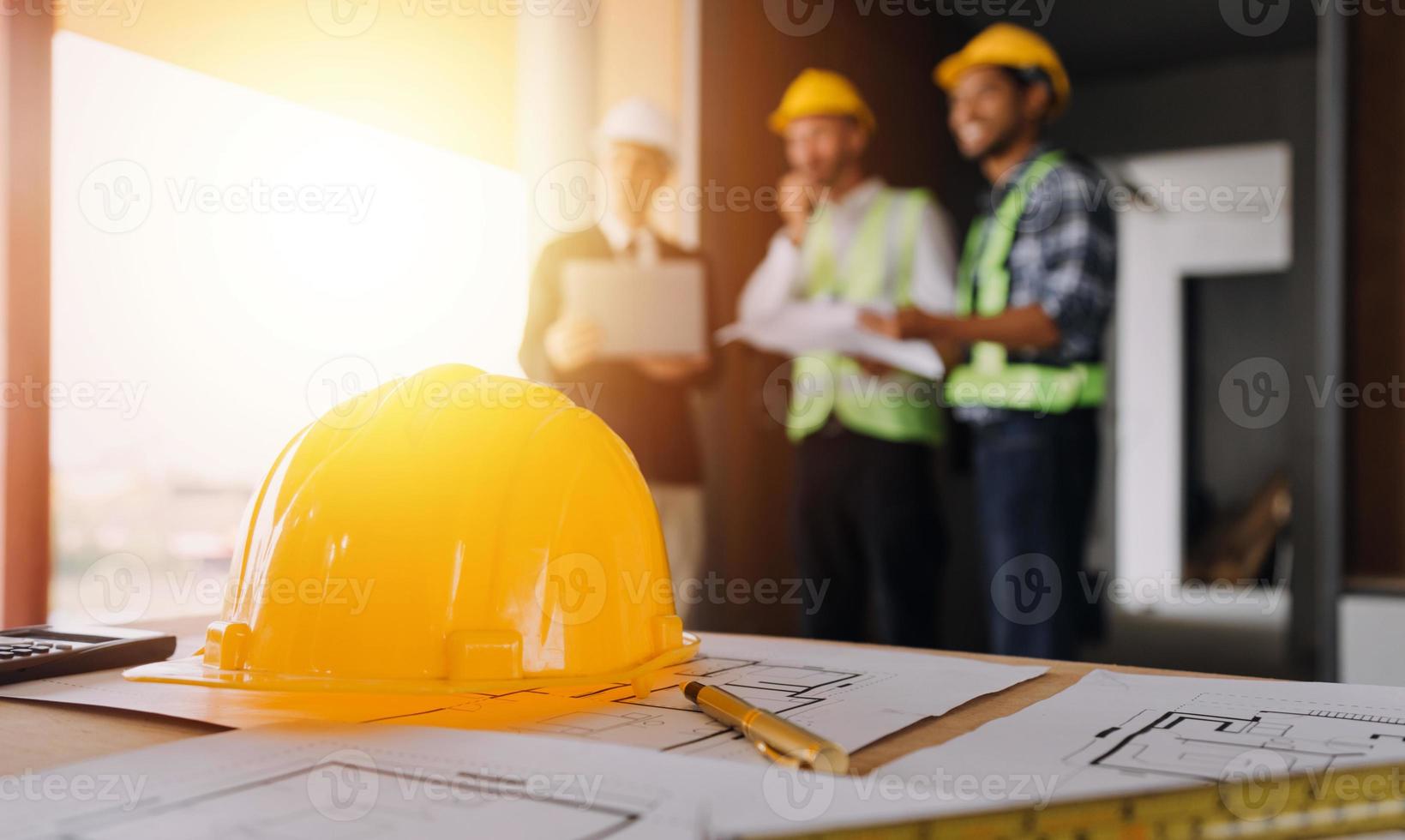 Architect concept, Architects working with blueprints in the office, Vintage Effect photo