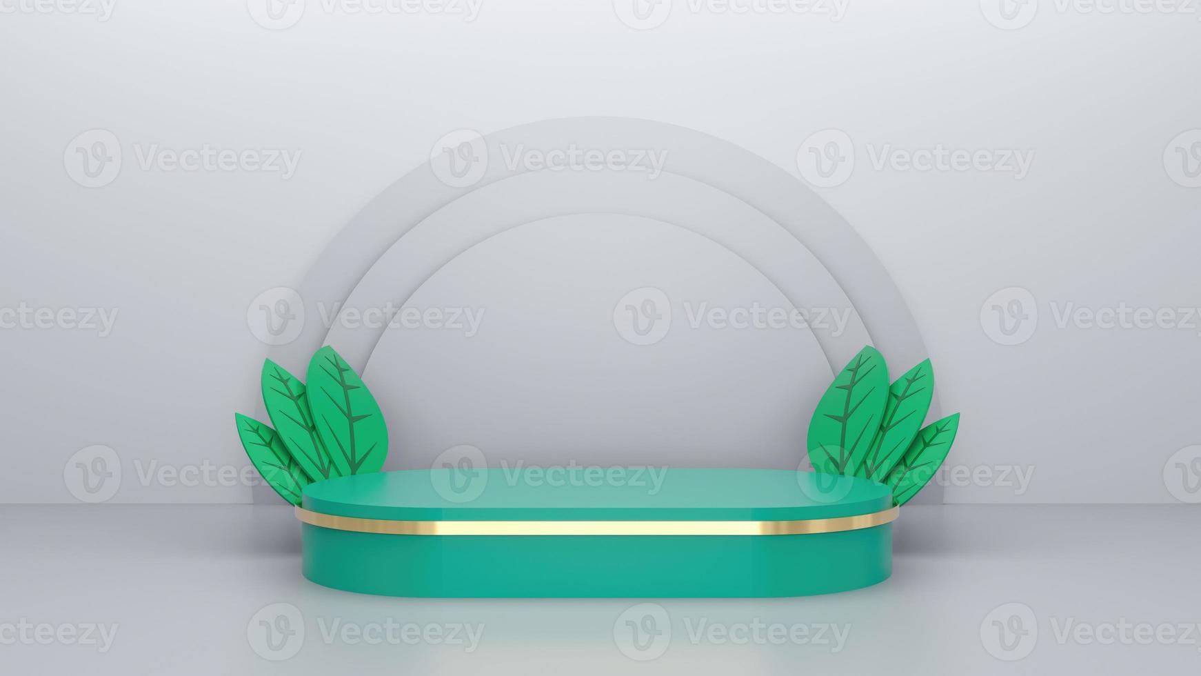 3D stage with green leaves, 3d background, cool color 3d stage photo