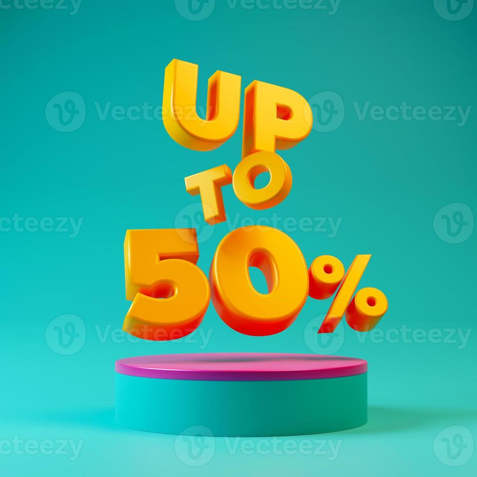 Up to 50 percent off sign on blue product display podium pedestal 3d render illustration photo