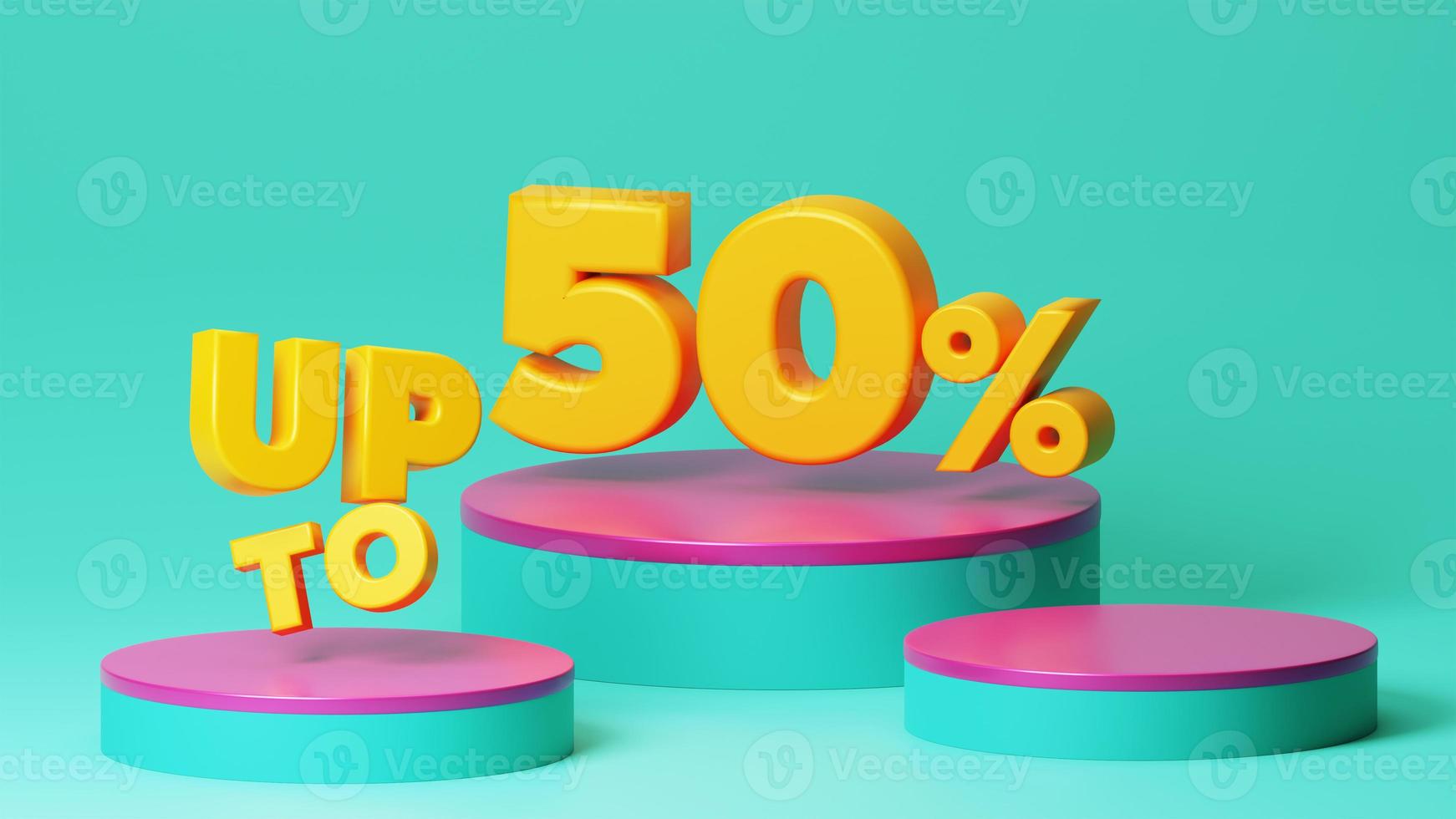 Up to 50 percent off sign floating on blue product display podium pedestal 3d render illustration photo