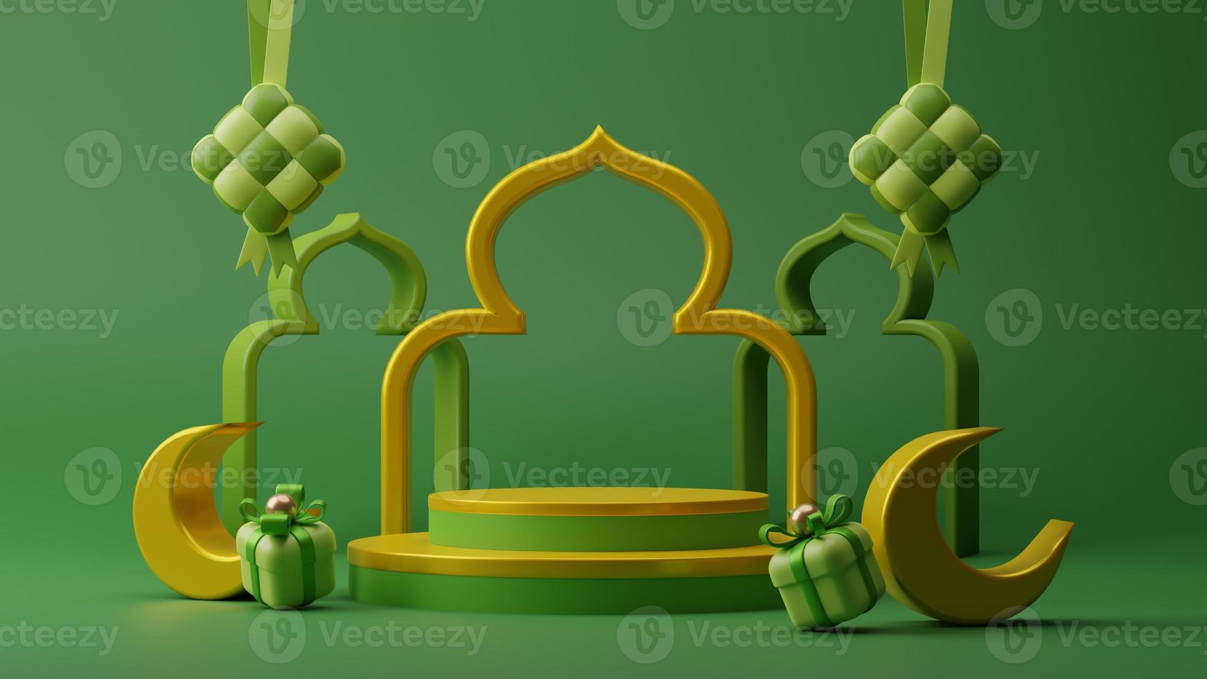 3D illustration of product display with mosque and crescent moon Islamic festival decorative element for ramadan eid mubarak promotion sale advertising design on green background photo