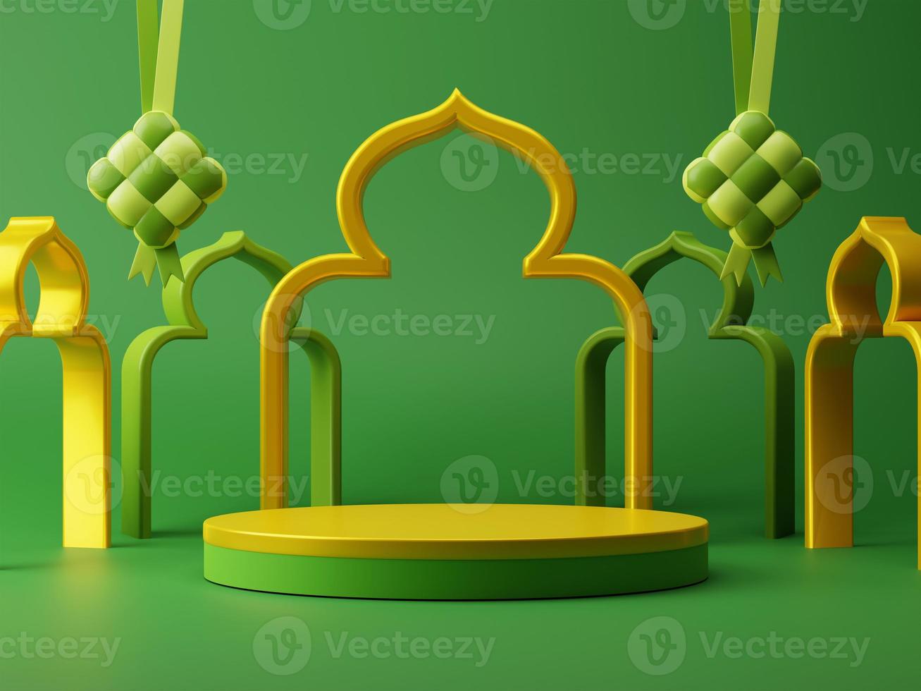 3d render ramadan eid mubarak festival  celebration with blank product display and mosque Islamic festival decoration promotion sale advertising design photo