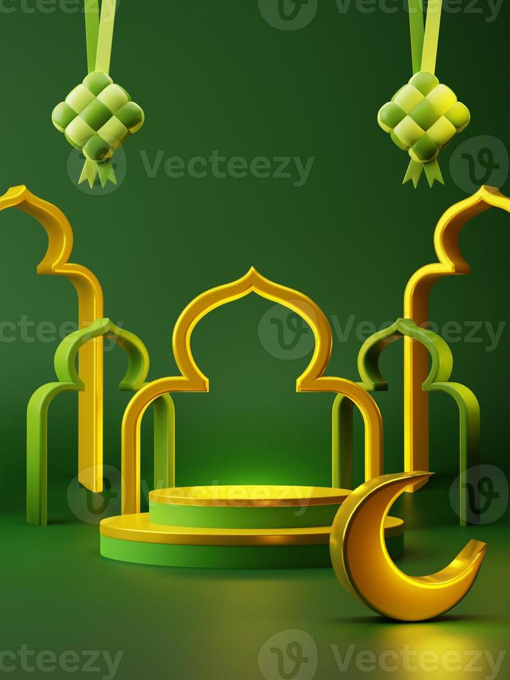 3d rendering Hari Raya Rmandan podium product display with mosque and islamic decorative element. Luxury theme promotion sale advertising campaign photo