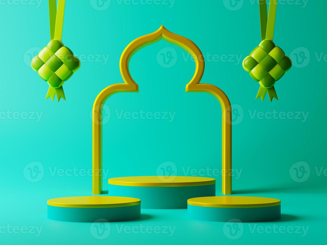 3d illustration of empty cylinder product display and islamic festival decorative element for Ramadan Kareem promotion sale advertising campaign photo