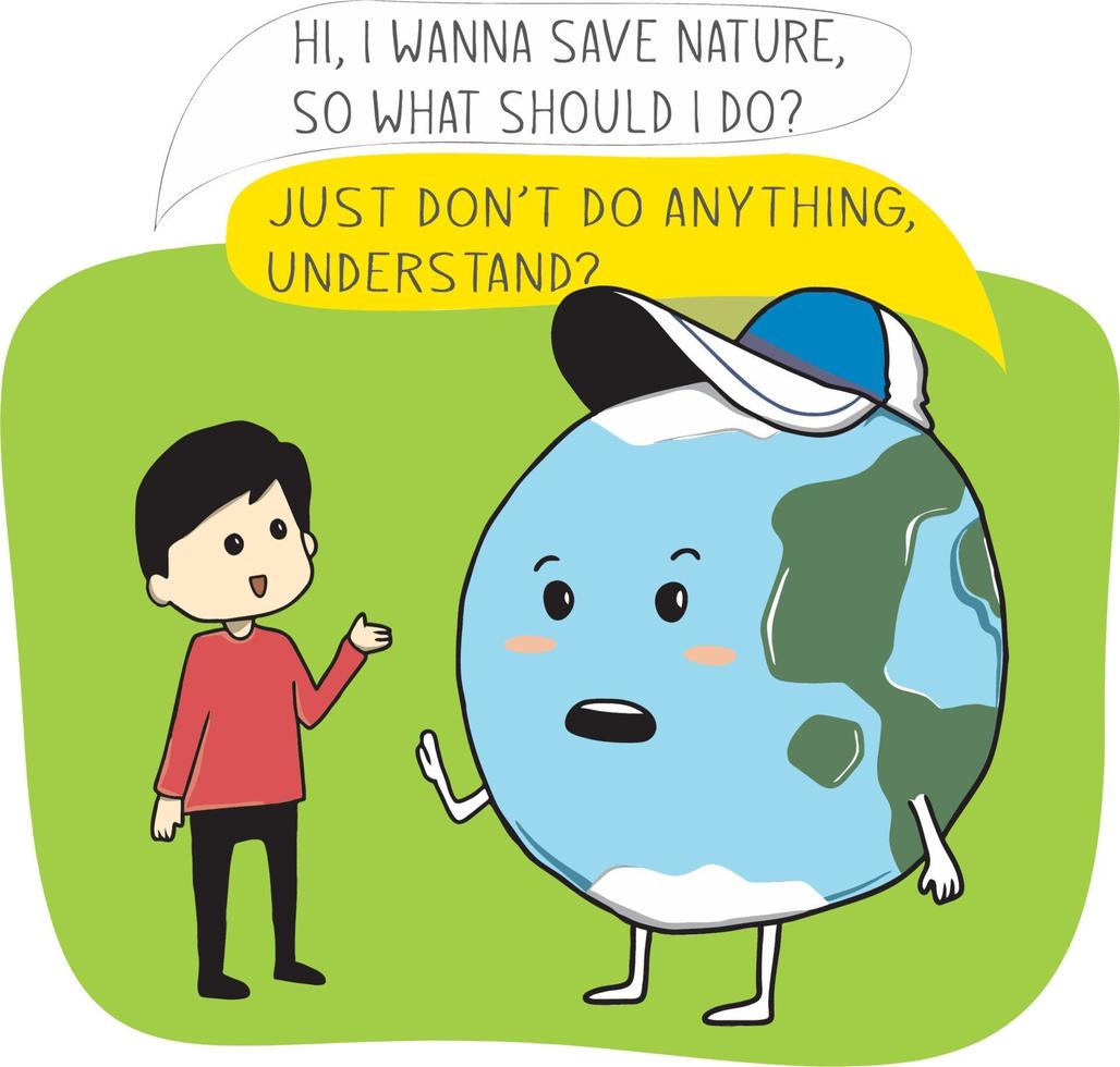 Happy Earth Day. Vector eco illustration of human and earth are talking each other. Original character with cartoon, comic, and anime style.