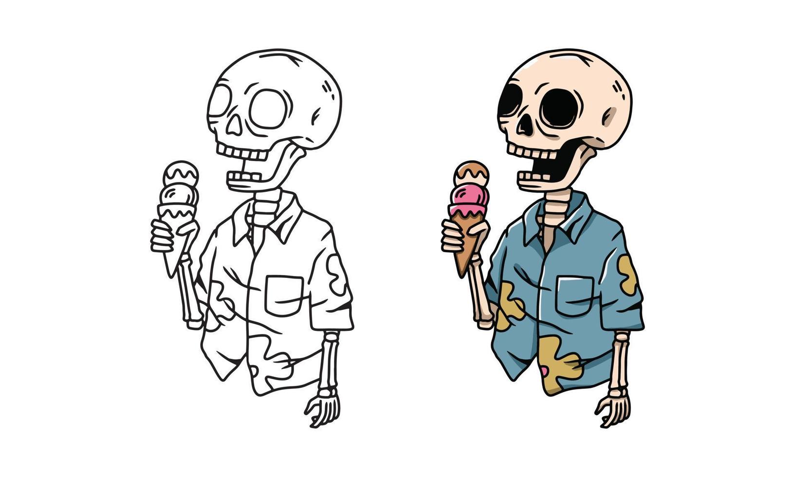 Line art of skeleton chilling out on summer day. Vector illustration for coloring book, coloring pages, etc