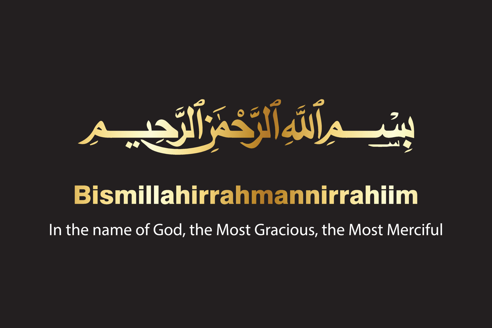 Bismillah Written in Islamic or Arabic Calligraphy with golden color. Meaning of Bismillah In