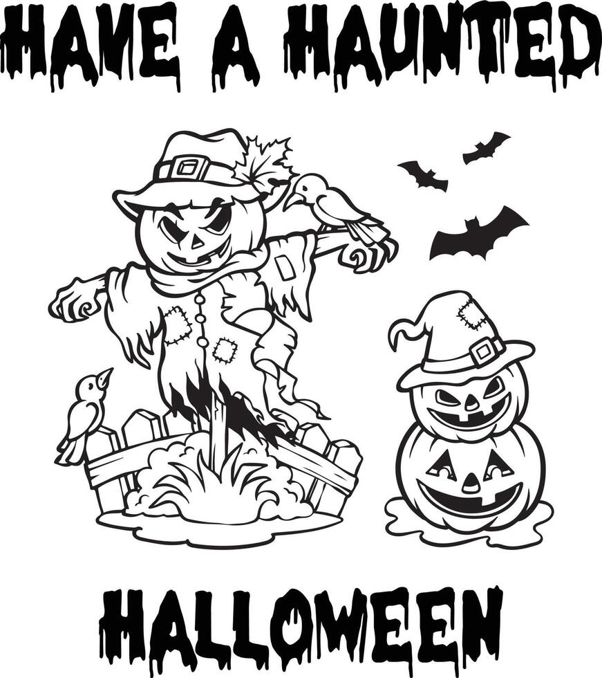 Coloring page with Halloween scarecrow and pumpkin field vector