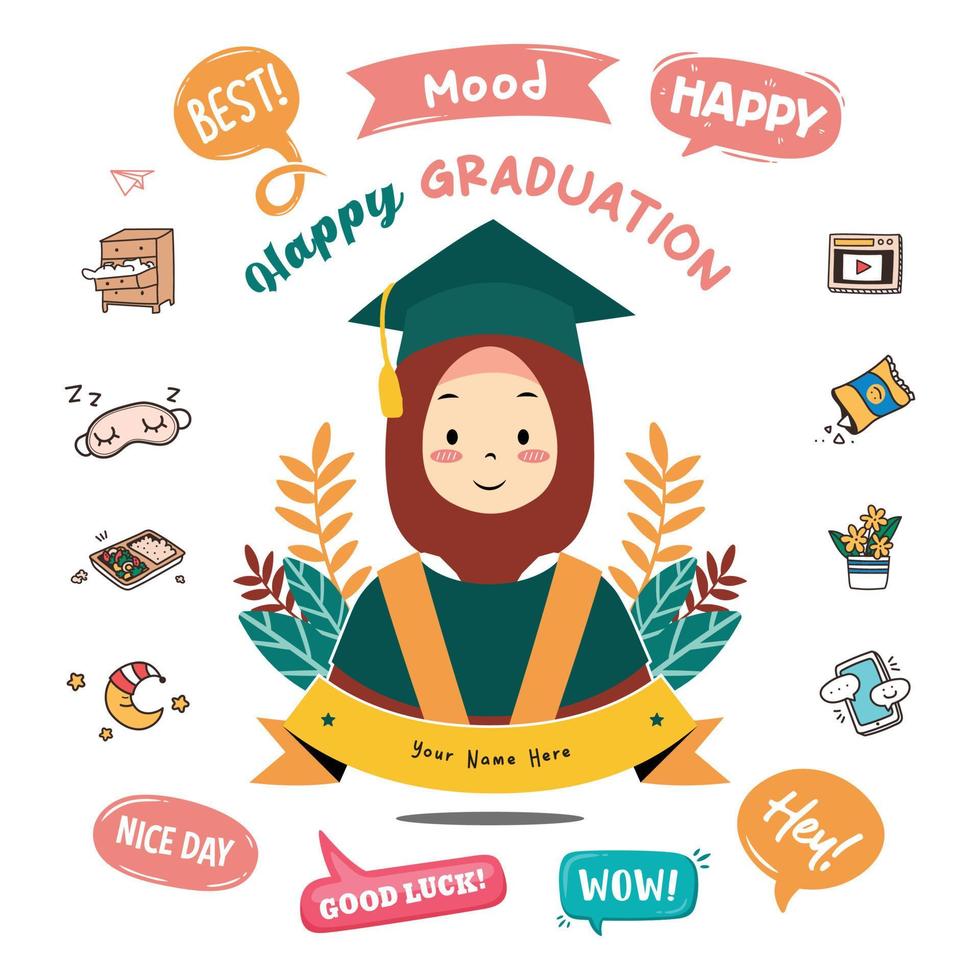 Happy graduation. Vector illustration hijab girl on graduation in doodle style. Suitable for gift idea, mug design, sticker, etc