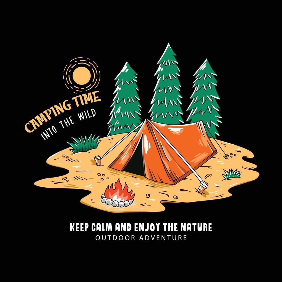 Camping illustration in summer forest cartoon style with camping tent and bonfire. Suitable for T-shirt designs, sticker, embroidery, web design or print, etc vector