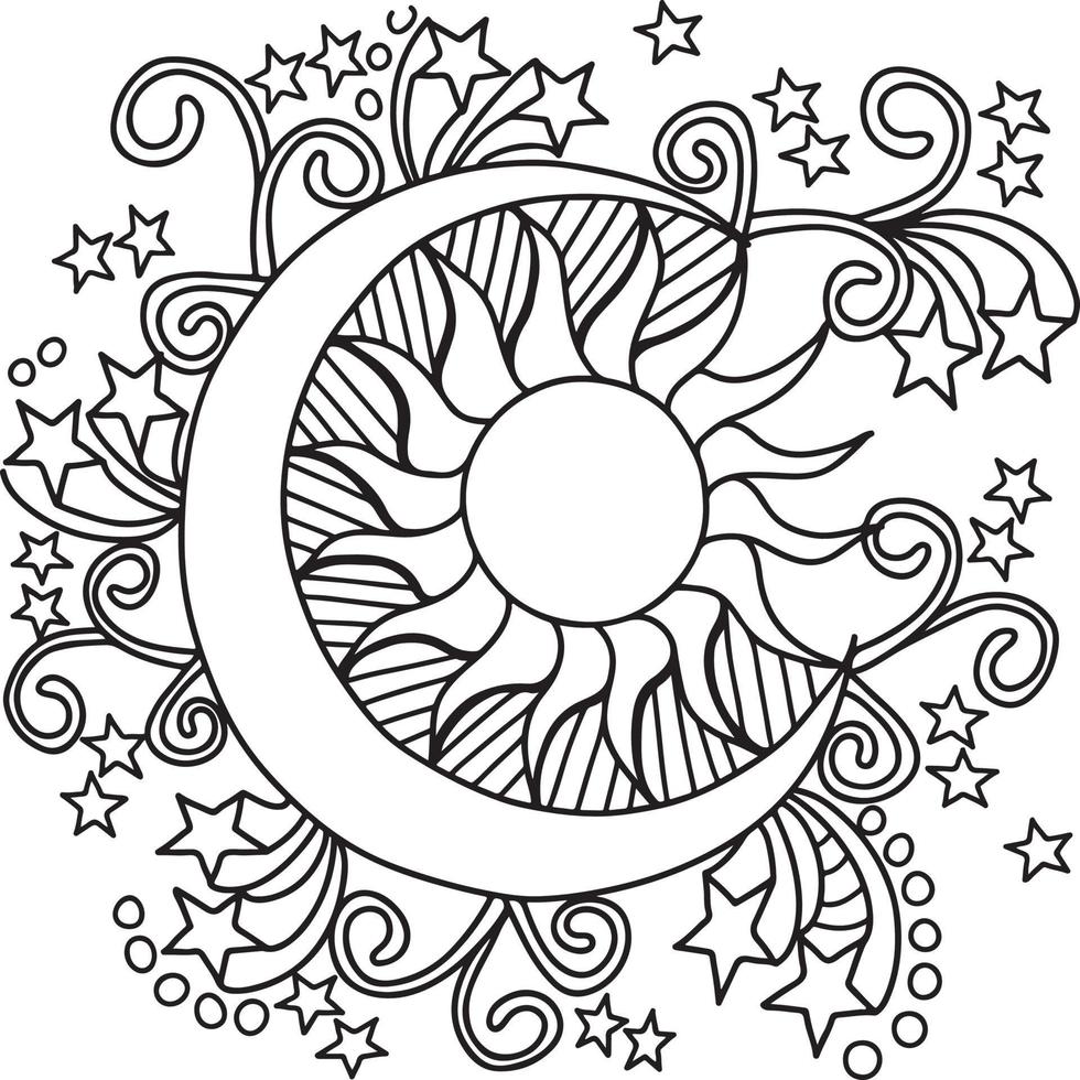 Mystical Mandala coloring book. Vector illustration of moon and stars using mandala style