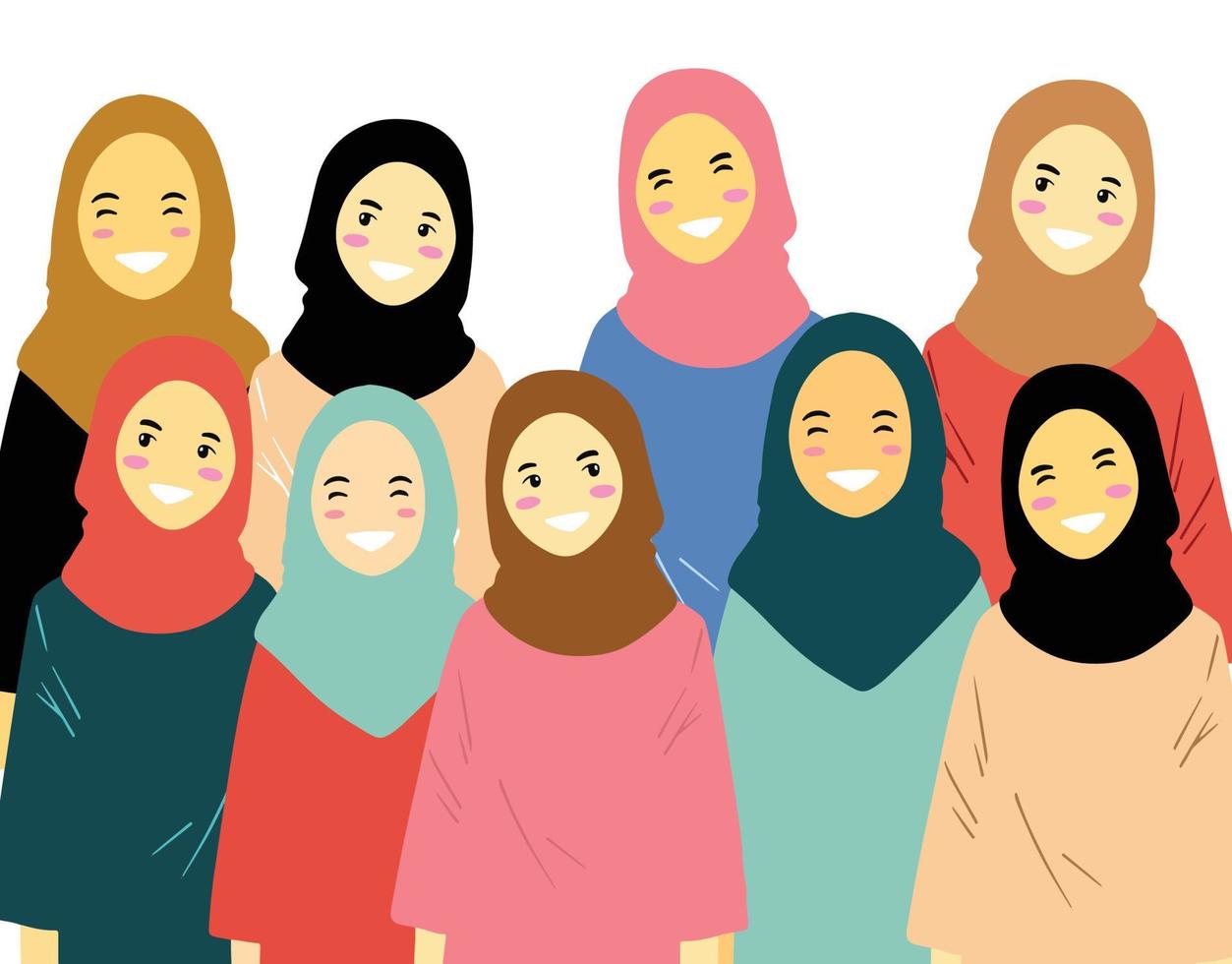 Set of hijab woman vector in various colors and expressions