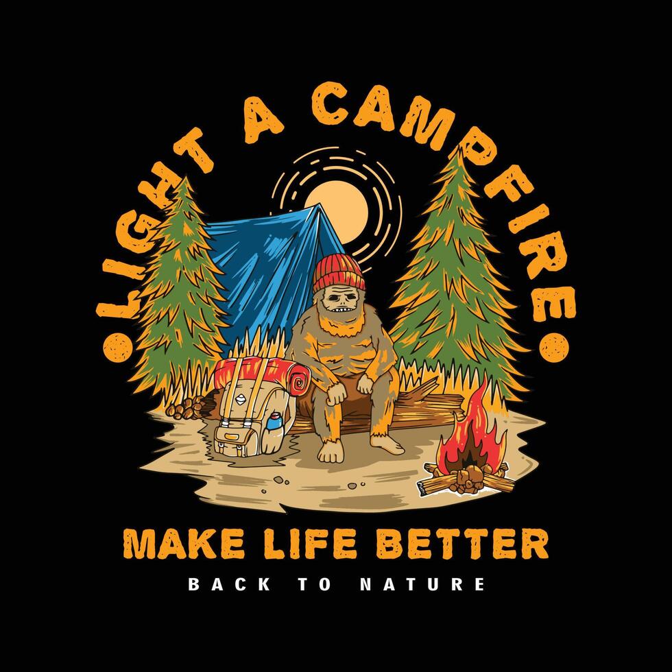 Vector illustration of camping gorilla in the summer forest using cartoon style with campfire, camping bag, and tent. Suitable for T-shirt designs, sticker, embroidery, web design or print, etc