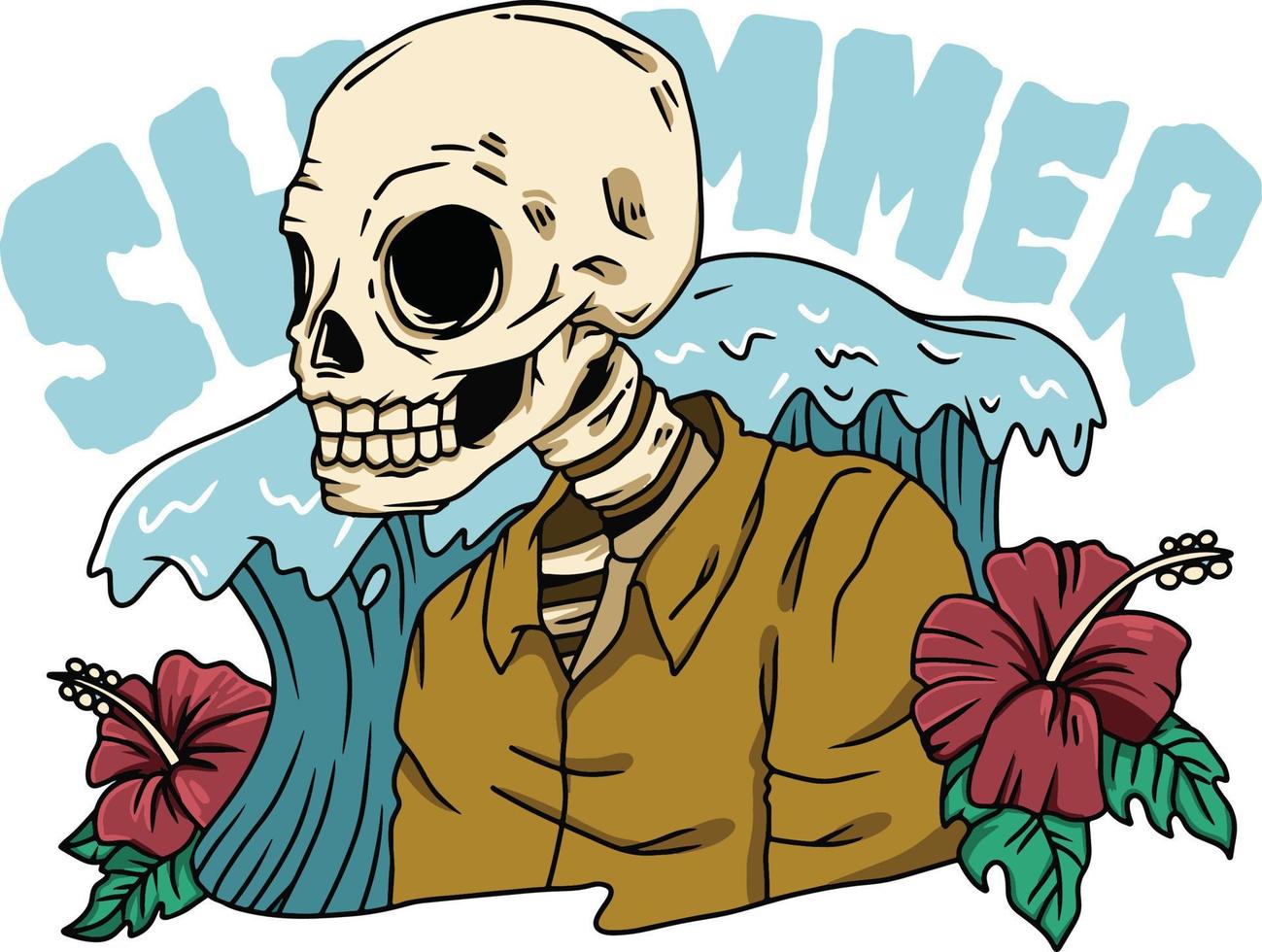 Vector illustration of skeleton chilling out on summer day. Suitable for t-shirt design, book cover, sticker, poster, etc