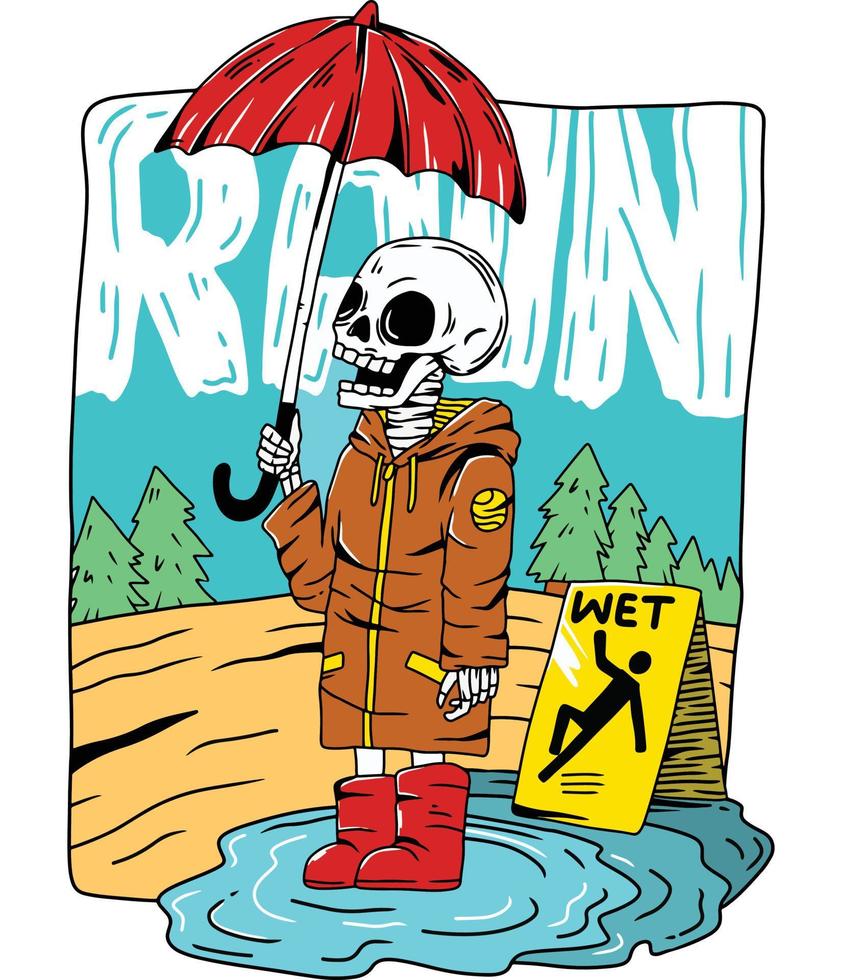 Vector illustration of a skeleton holding umbrella and wearing a rain coat on a raining day. Suitable for t-shirt design, book cover, sticker, poster, etc