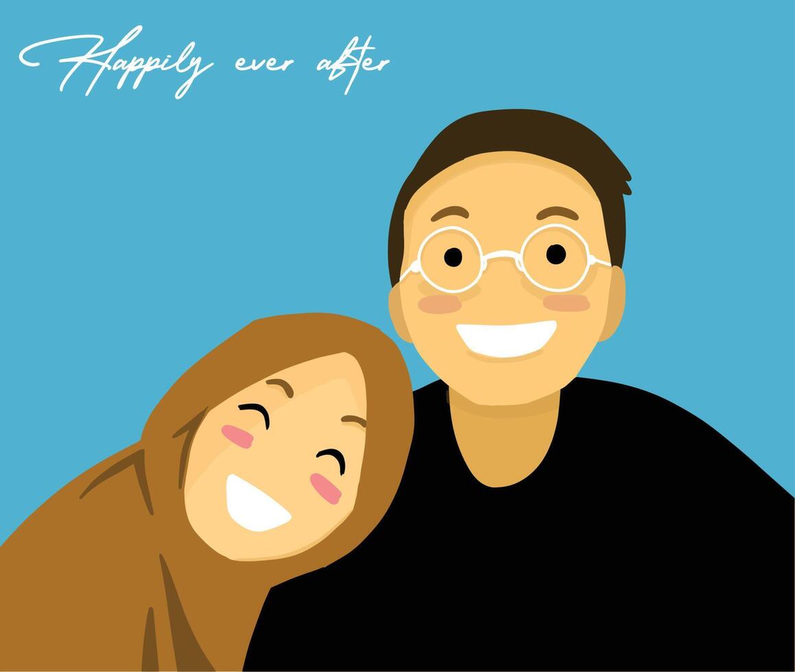 Happily ever after. Water color illustration of a couple, hijab woman and man with eyeglass. Suitable for poster, sticker, avatar, card, etc vector