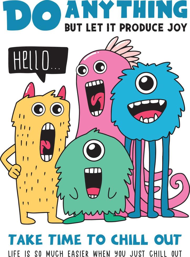 Cute monsters doodle. Vector illustration for sticker, poster, t shirt design, etc