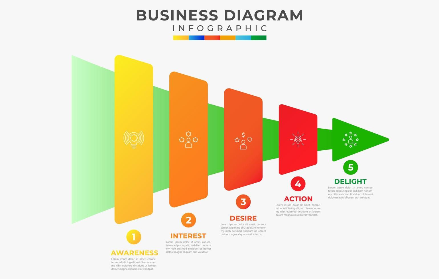 Modern Sales Level 5 step funnel diagram, presentation vector infographic. Infographic template for business.