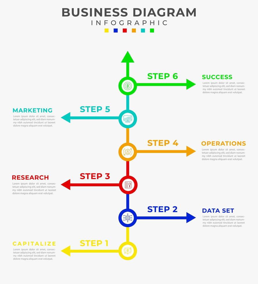 6 step timeline diagram vertical and combines text, symbols. presentation vector infographic. Infographic template for business.