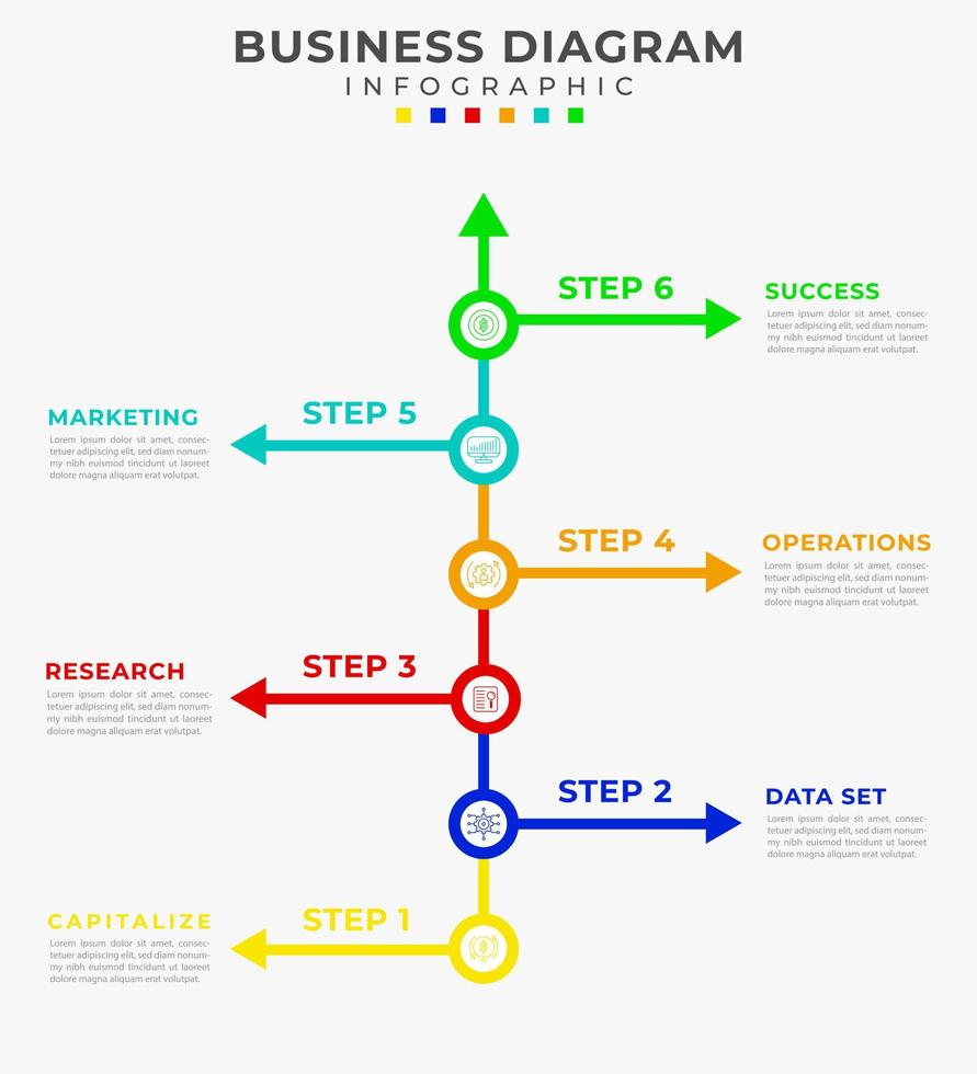 6 6 paso cronograma diagrama vertical y combina texto, simbolos presentación vector infografía. infografía modelo para negocio.